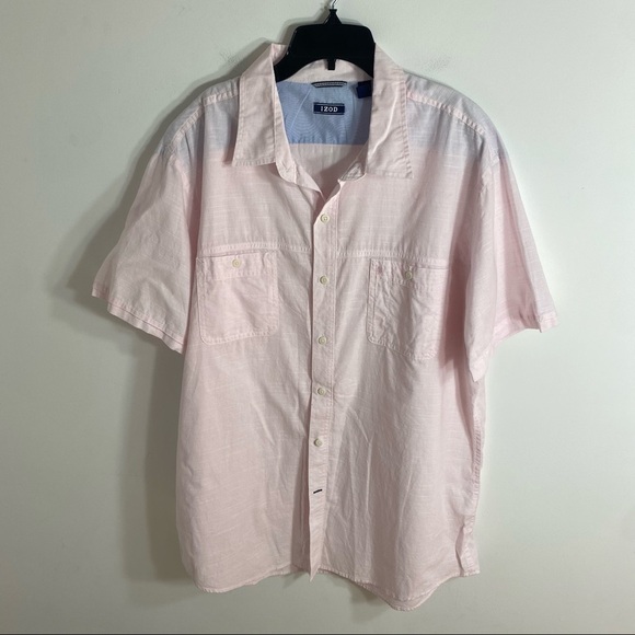 Izod Pink Button Down Shirt XL Men’s Short Sleeve Striped - Picture 2 of 6